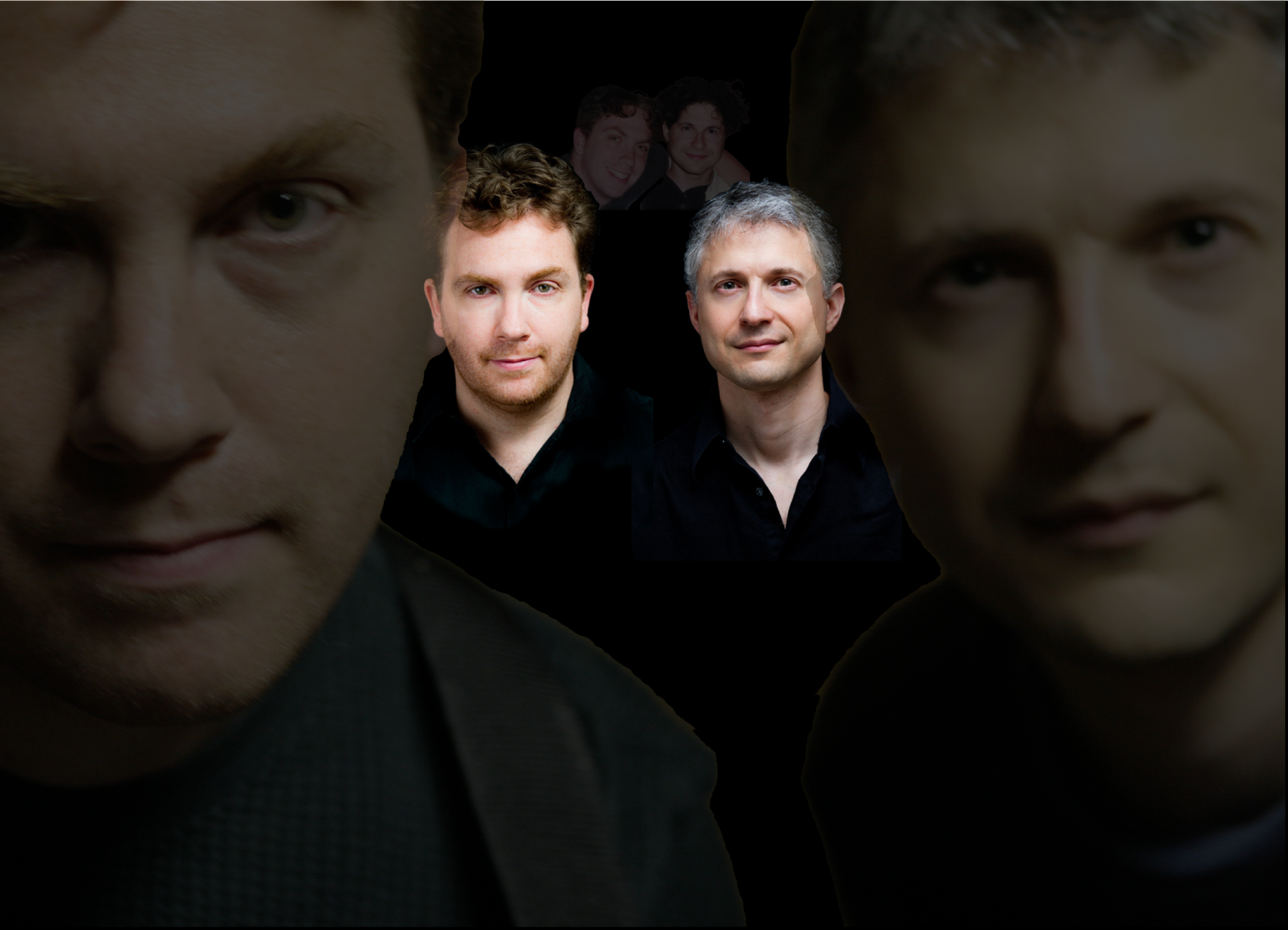 Two large transparent faces of band members (Rob left, Jon right) framing smaller opaque band headshot wearing black button-down shirts, which is backed above by even smaller transparent Rob and Jon seated together on couch, with quirky poses and facial expressions